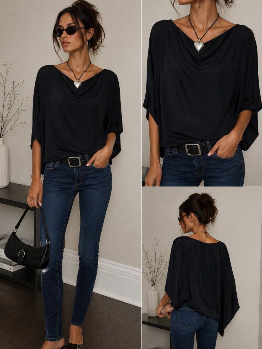 Karen Zambos Vintage Couture Black Silk Batwing Dolman Blouse One Size Y2K - Picture 5 of 5